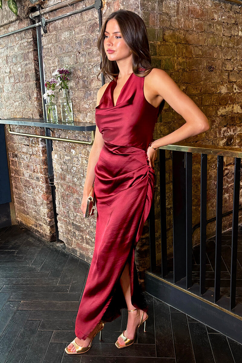 Wine Satin Cowl Neck Cross Back Midi Dress