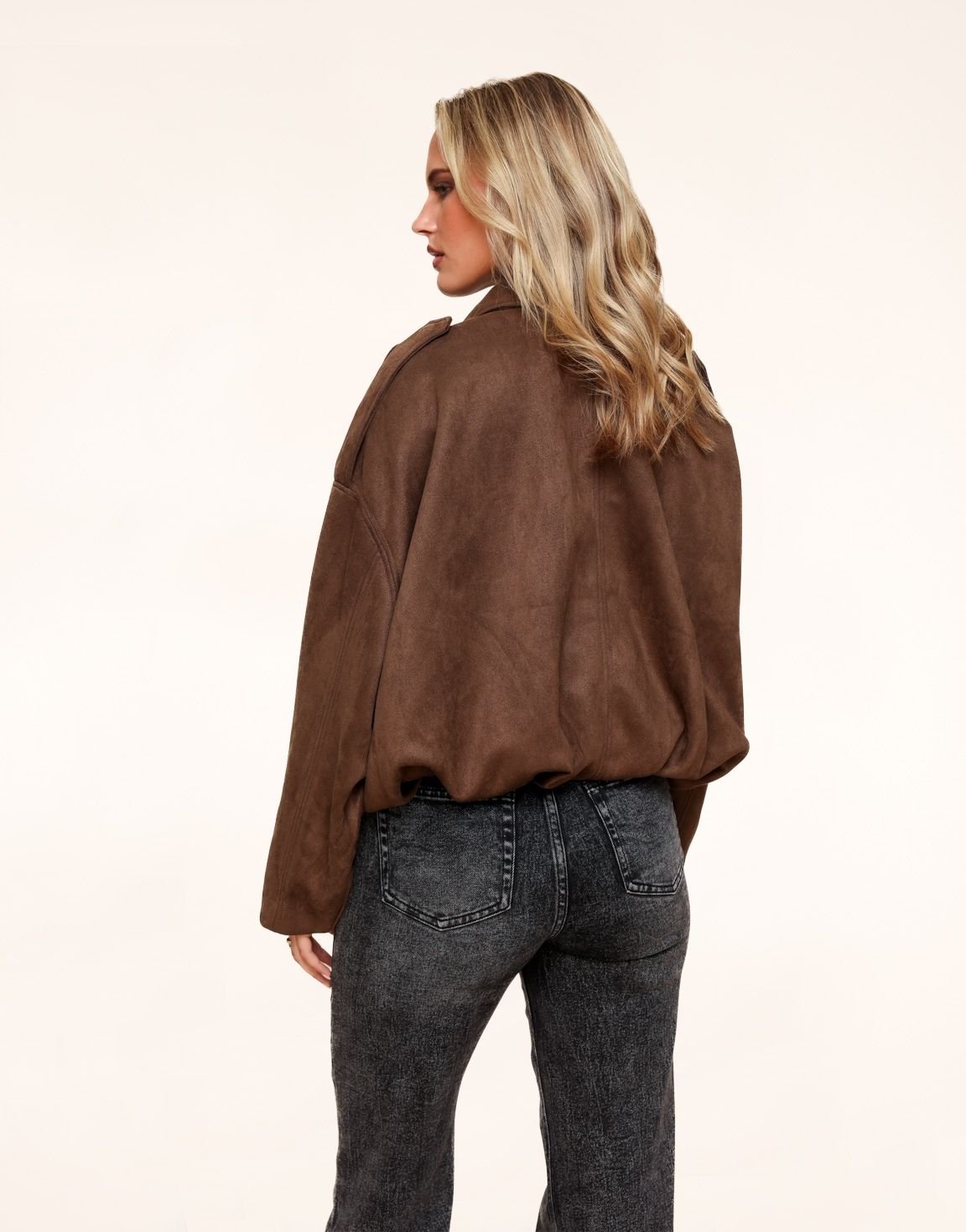 Dark Brown Suede Wide Bomber Jacket