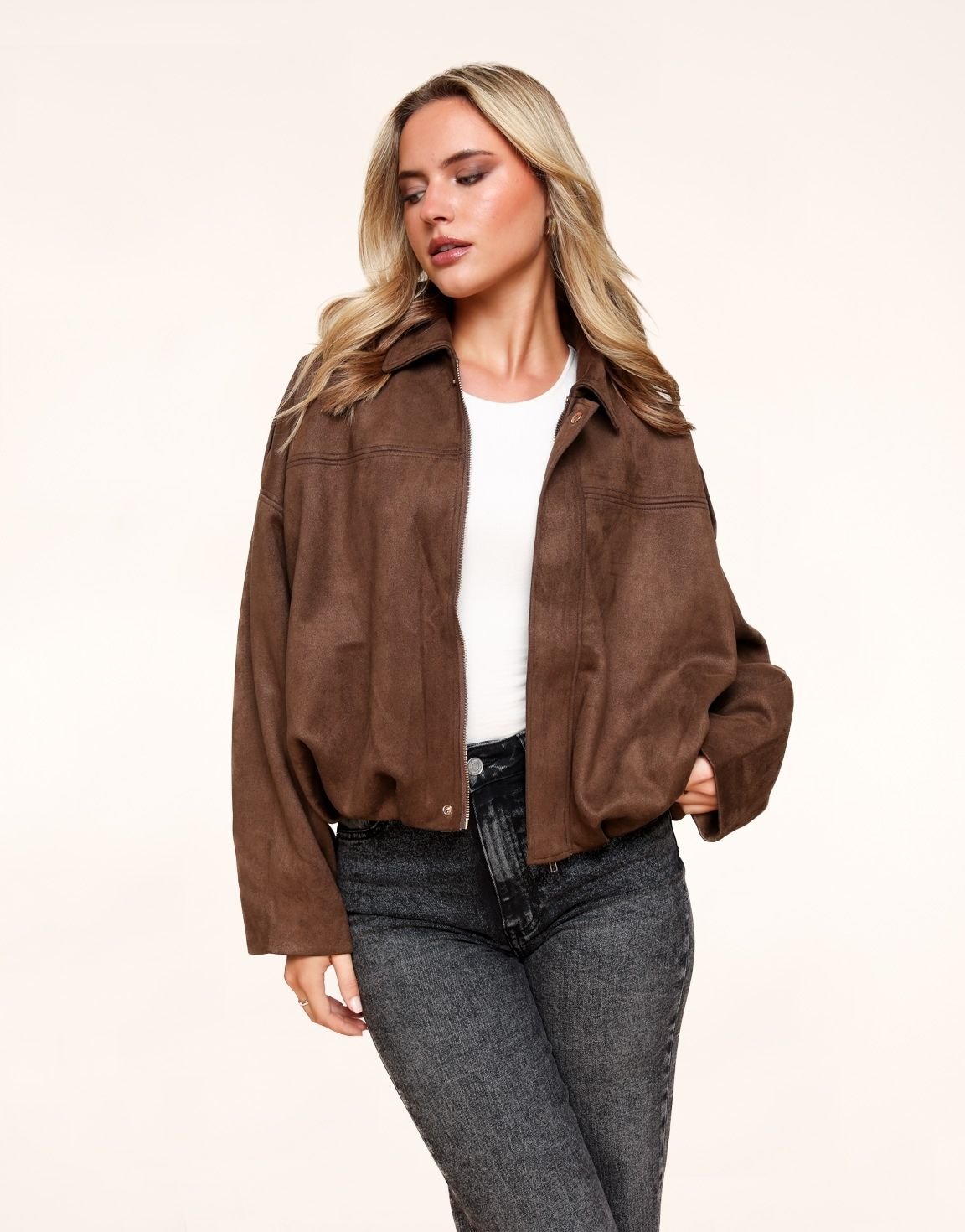 Dark Brown Suede Wide Bomber Jacket