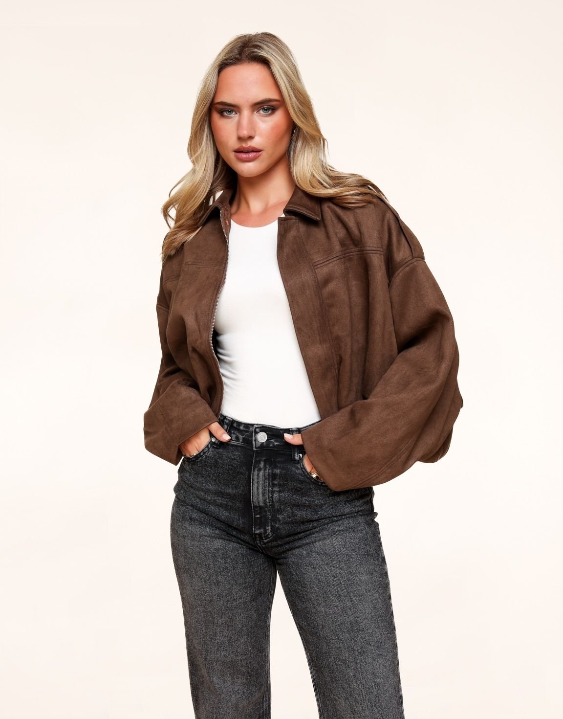 Dark Brown Suede Wide Bomber Jacket