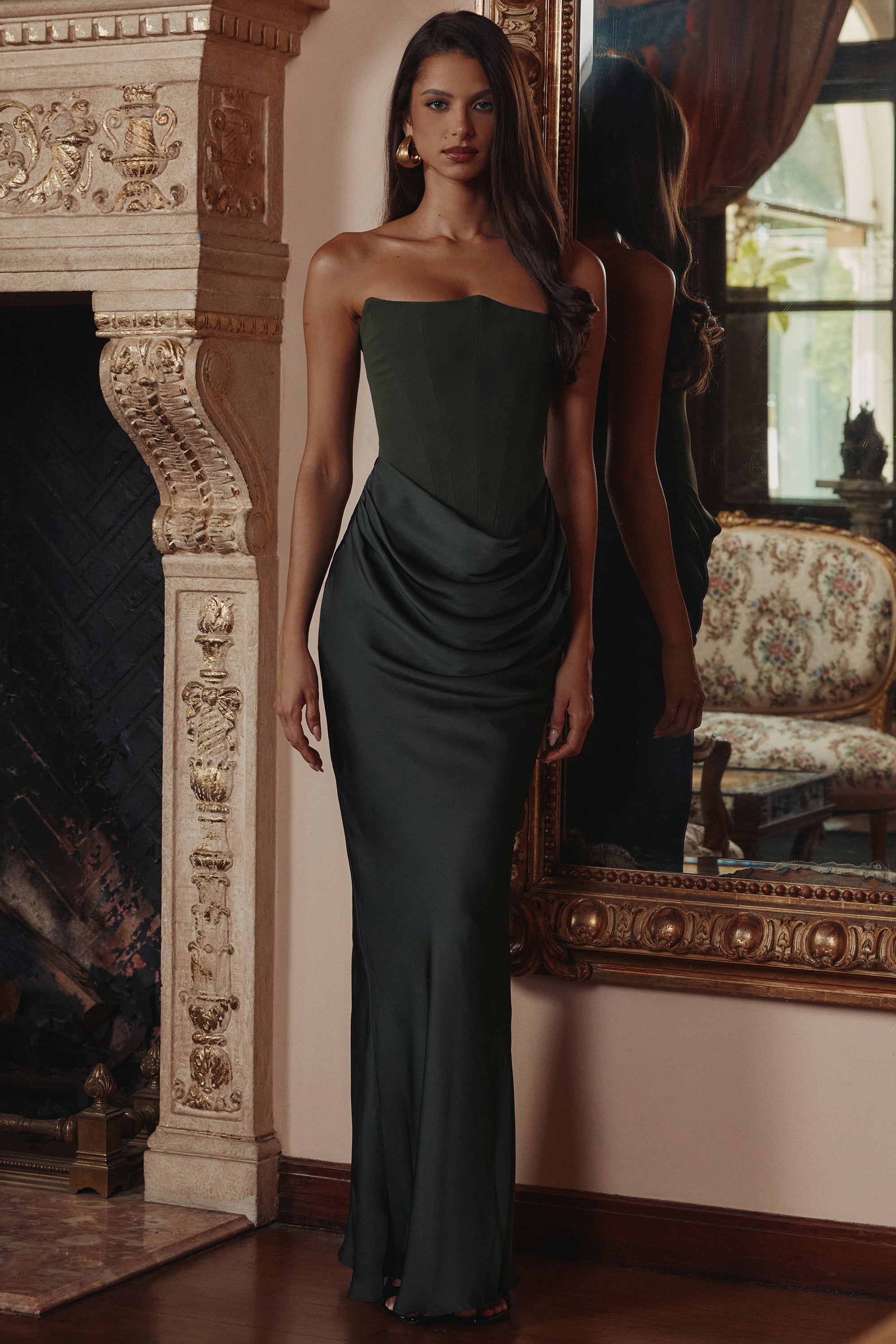 Persephone emerald green crepe strapless corset maxi dress