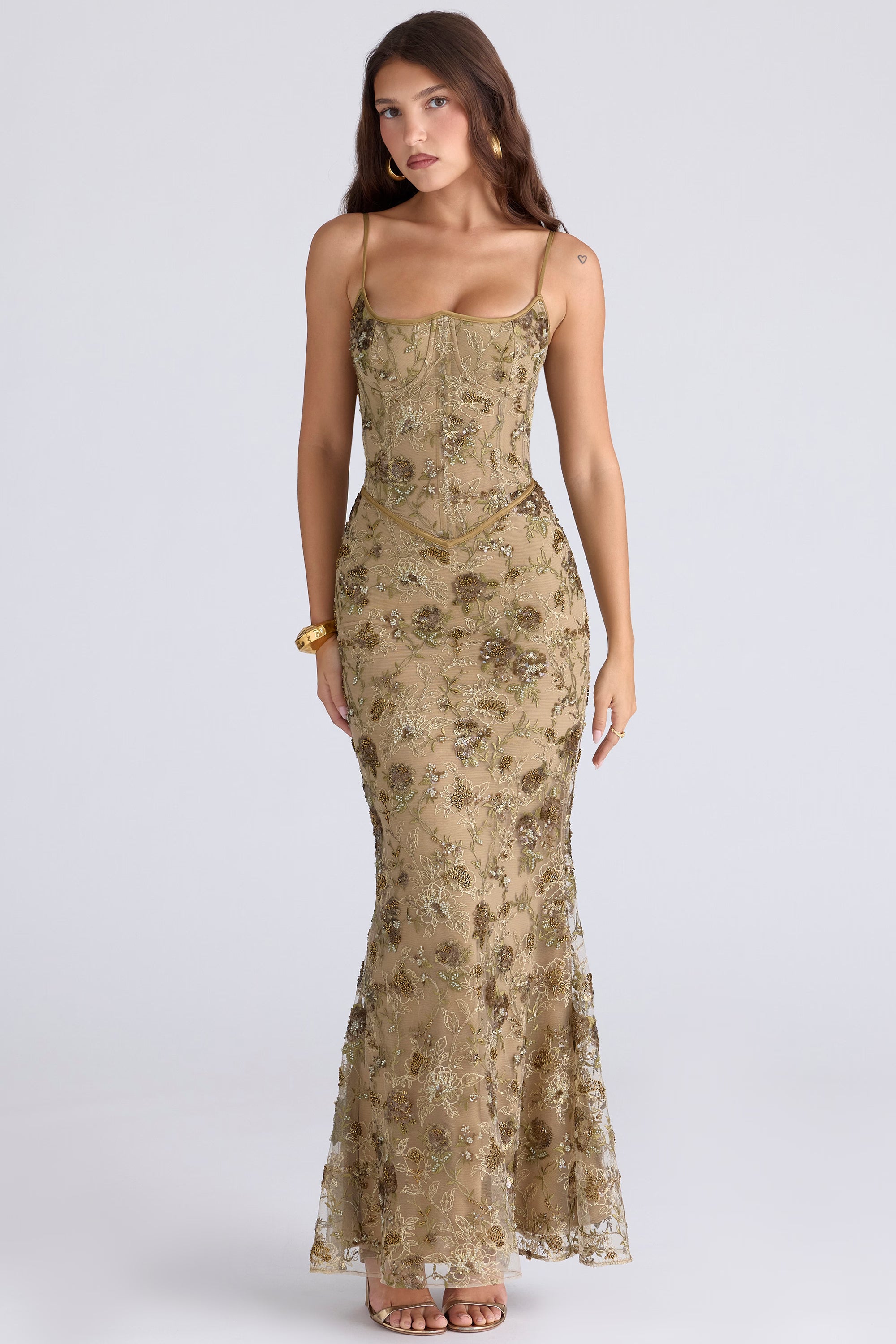 olive bronze hand beaded embellished corset maxi dress - limited edition
