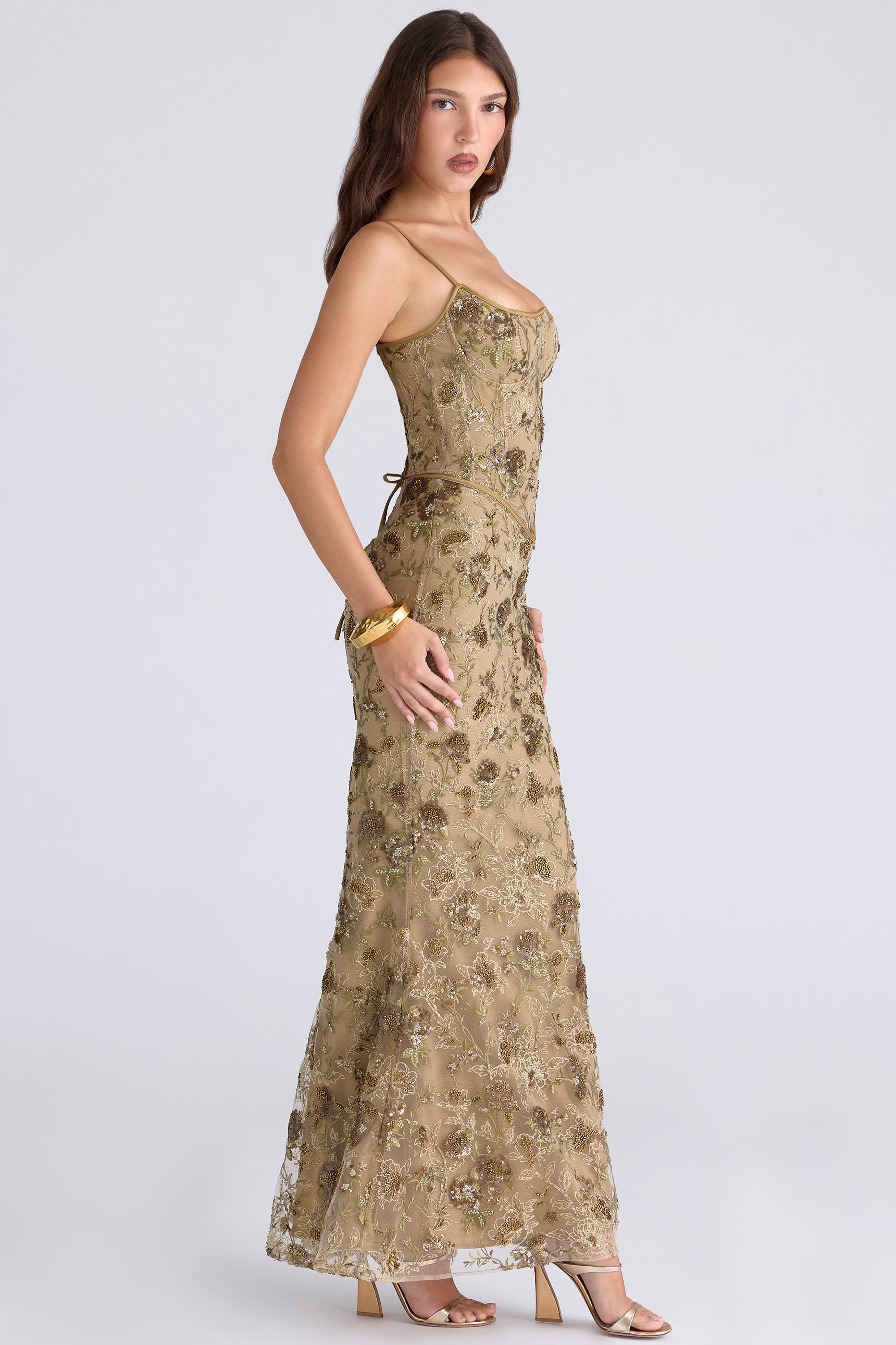 olive bronze hand beaded embellished corset maxi dress - limited edition