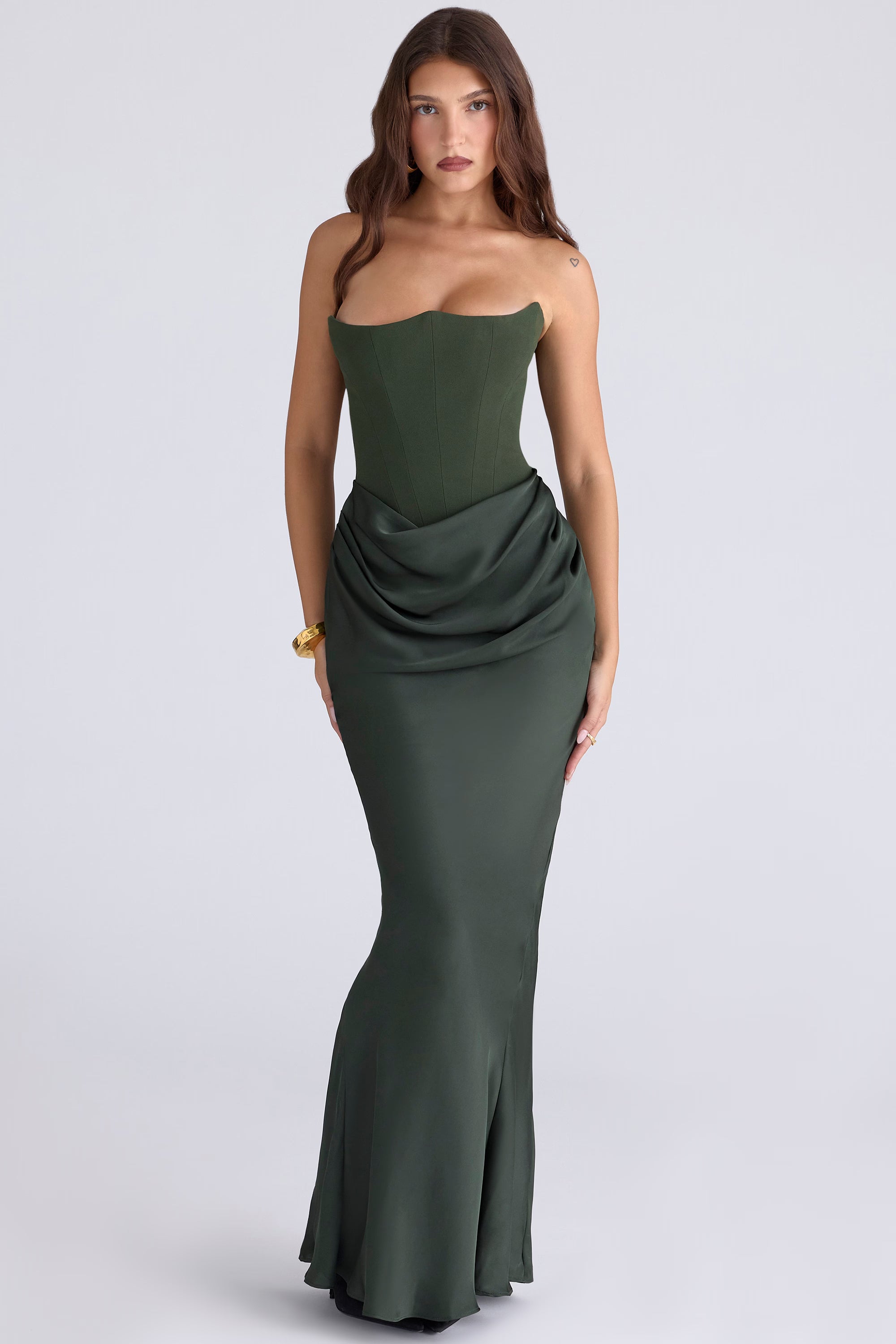 Persephone emerald green crepe strapless corset maxi dress